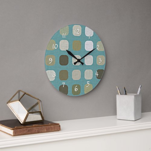 Ivory White Beige Teal Blue Round Squares Pattern Large Clock