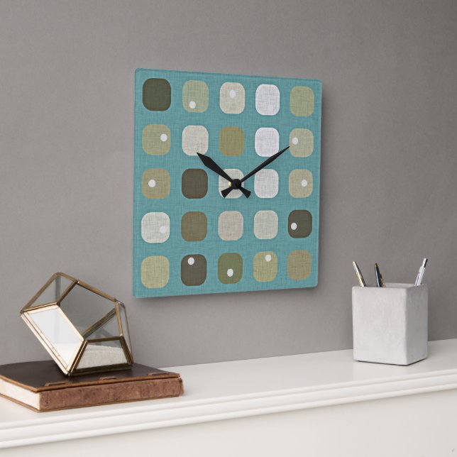 Ivory White Beige Teal Blue Round Squares Pattern Square Wall Clock (Office)
