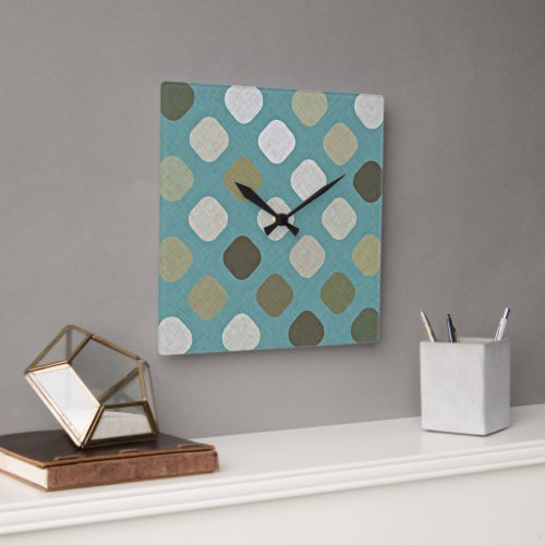 Ivory White Beige Teal Blue Round Squares Pattern Square Wall Clock