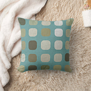 Ivory White Beige Teal Blue Round Squares Pattern Throw Pillow