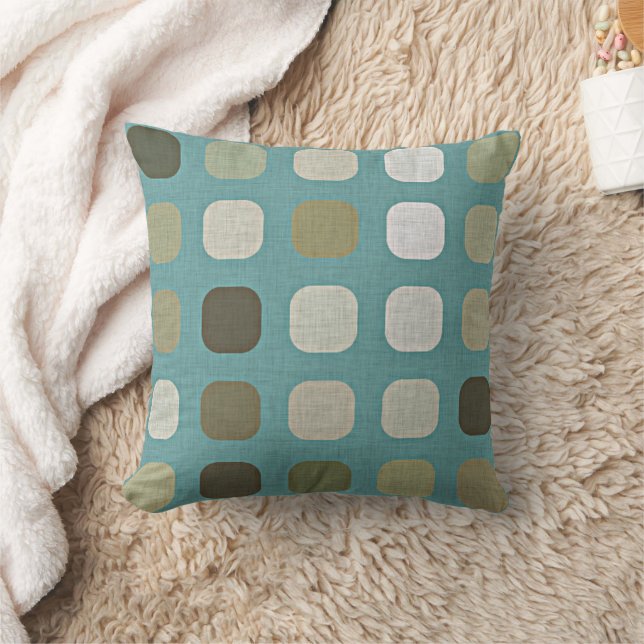 Ivory White Beige Teal Blue Round Squares Pattern Throw Pillow (Blanket)