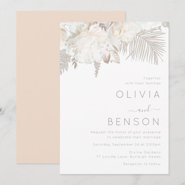 Ivory White & Bohemian Flowers Modern Wedding Invitation (Front/Back)