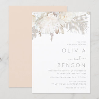 Ivory White & Bohemian Flowers Modern Wedding Invitation
