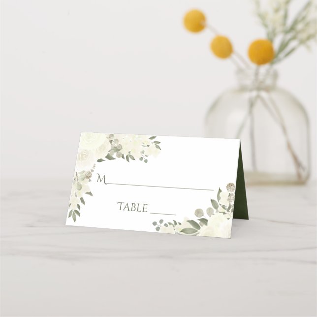 Ivory White Boho Floral Elegant Wedding Write-In Place Card (Front)