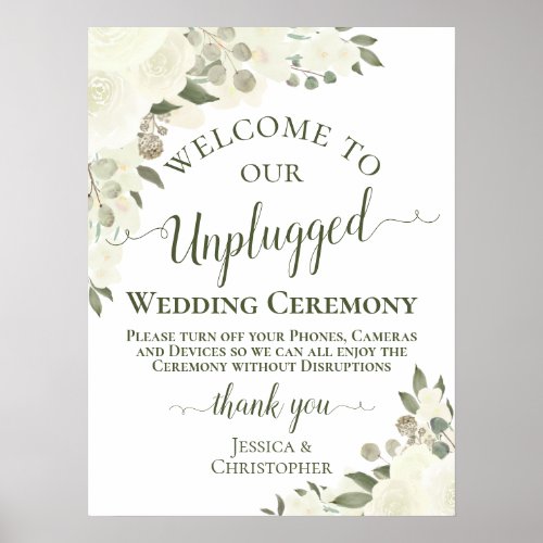 Ivory White Boho Floral Unplugged Wedding Ceremony Poster