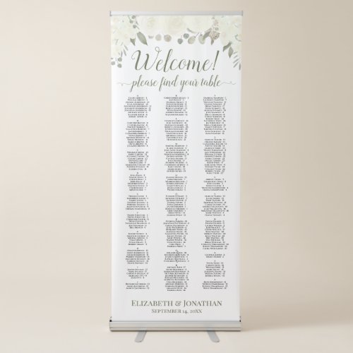 Ivory White Boho Roses Alphabetical Seating Chart Retractable Banner