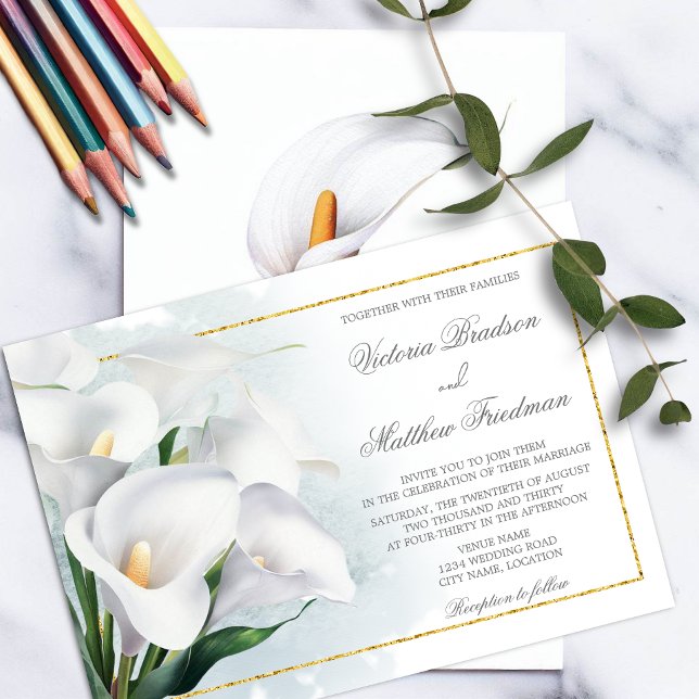 Ivory White Calla Lily Wedding Invitation (Watercolor ivory white Calla Lily wedding invitation with gold foil look frame.)