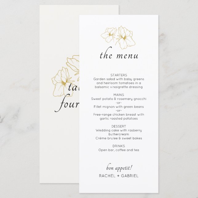 Ivory & White | Chic Faux Gold Floral Wedding  Menu (Front/Back)
