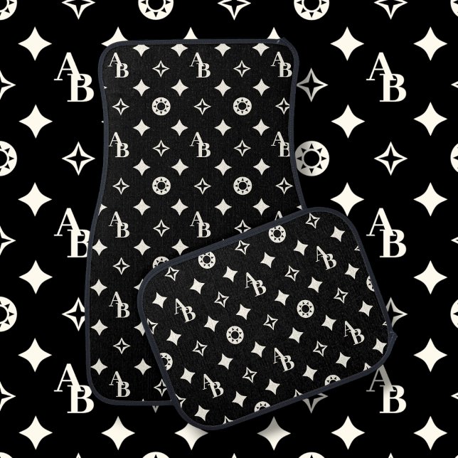 Ivory White Custom Initial Monogram Pattern Black Car Floor Mat (Creator Uploaded)