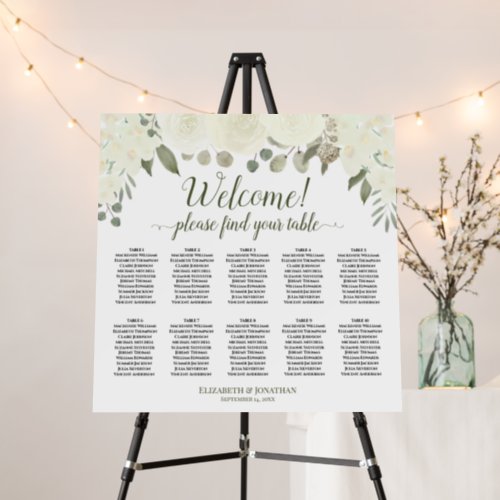 Ivory White Floral 10 Table Welcome Seating Chart Foam Board