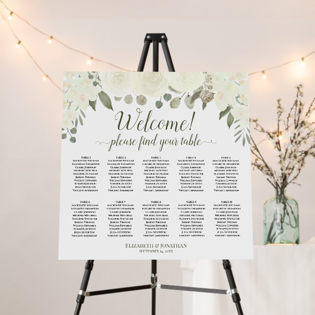 Ivory White Floral 10 Table Welcome Seating Chart Foam Board (In Situ (Stand))