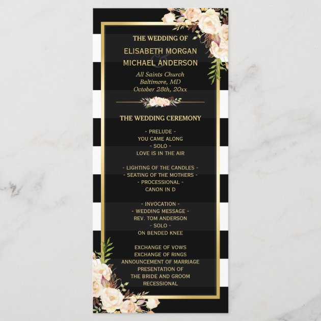Ivory White Floral B&W Striped Wedding Program