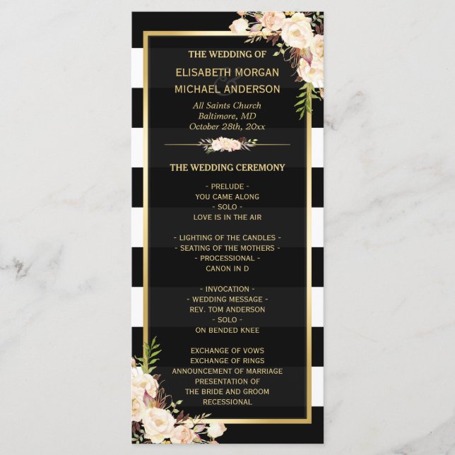 Ivory White Floral B&W Striped Wedding Program (Front)