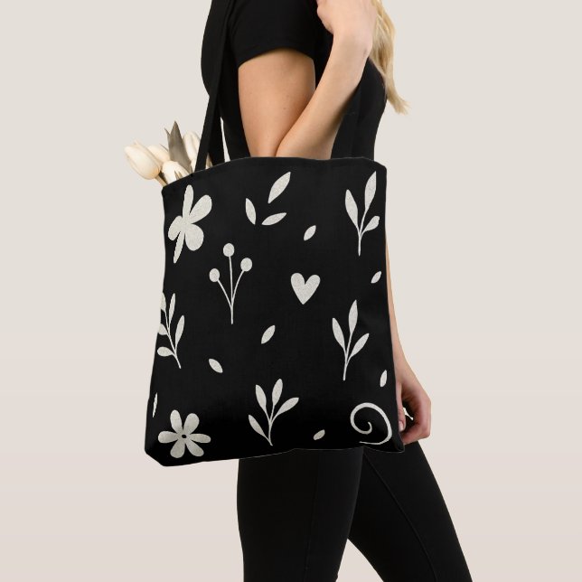 Ivory White Floral Black  Tote Bag (Close Up)