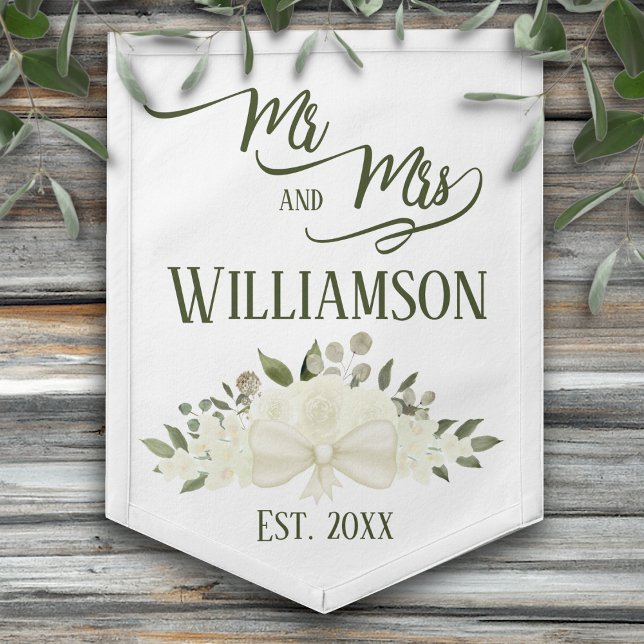 Ivory White Floral Boho Chic Mr. & Mrs. Wedding Pennant (Creator Uploaded)