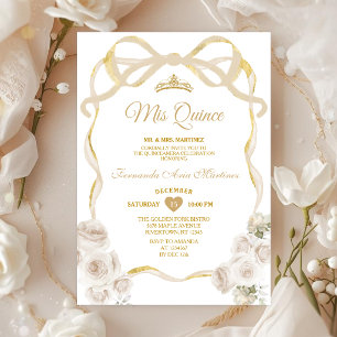 Ivory White Floral Bow Ribbon Gold Mis Quince Invitation