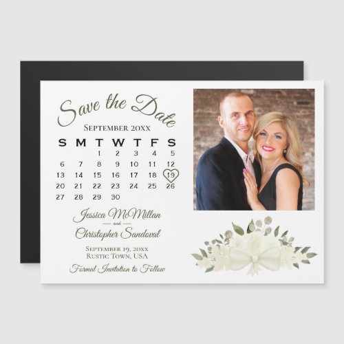Ivory White Floral Calendar  Photo Save the Date Magnetic Invitation