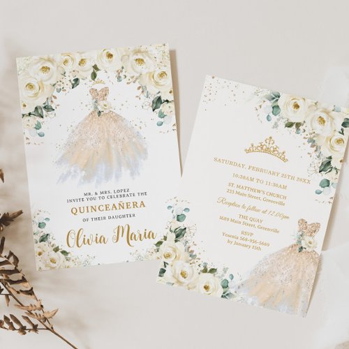 Ivory White Floral Champagne Dress Quinceaera Invitation