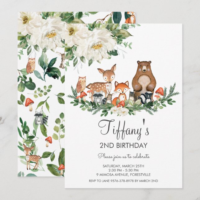 Ivory White Floral Cute Woodland Animals Birthday Invitation (Front/Back)