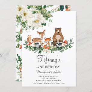 Ivory White Floral Cute Woodland Animals Birthday Invitation