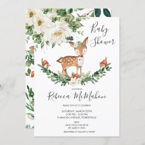 Ivory White Floral Deer Fawn Woodland Baby Shower Invitation