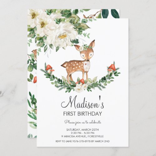 Ivory White Floral Deer Fawn Woodland Birthday Invitation