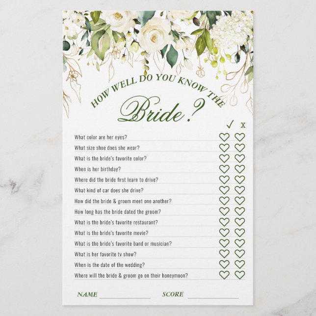 Ivory White Floral Double-Sided Bridal Shower Game (Front)