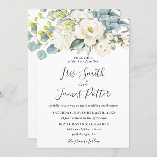 Ivory White Floral Eucalyptus Greenery Wedding Invitation