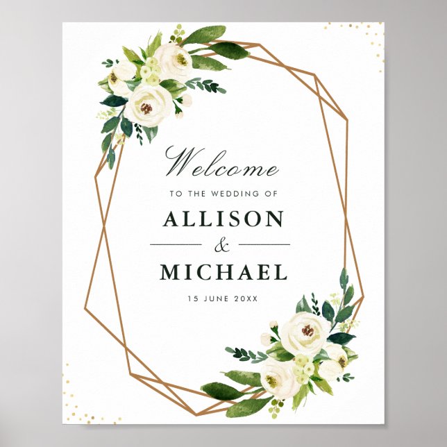 Ivory white floral geometric wedding sign (Front)
