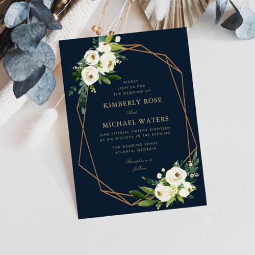 Ivory white floral geometrical navy wedding invitation