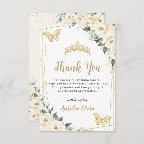 Ivory White Floral Gold Butterflies Quinceaera  Thank You Card