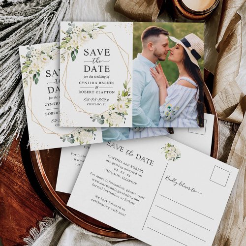 Ivory White Floral Gold Geometric Save the Date Postcard
