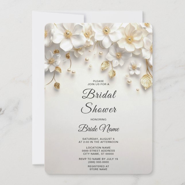 Ivory White Floral Gold Leaves Bridal Shower Invitation (Front)