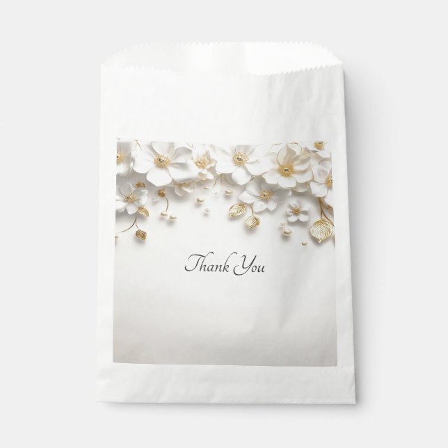 Ivory White Floral Gold Leaves Favor Bag (Front)