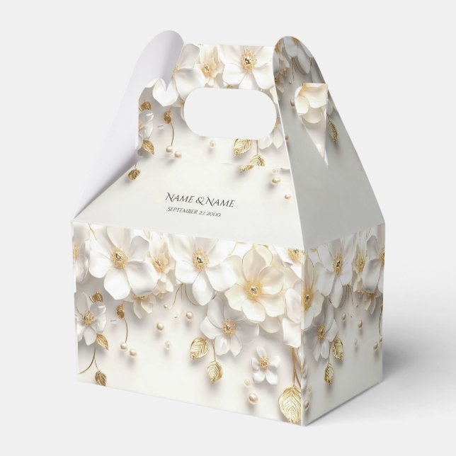 Ivory White Floral Gold Leaves Favor Box (Front Side)