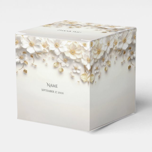 Ivory White Floral Gold Leaves Favor Box (Front Side)