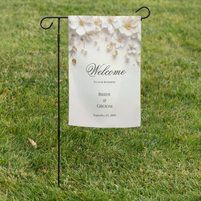 Ivory White Floral Gold Leaves Garden Flag (In SItu)