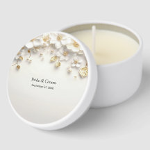 Ivory White Floral Gold Leaves Mini Candle Favors