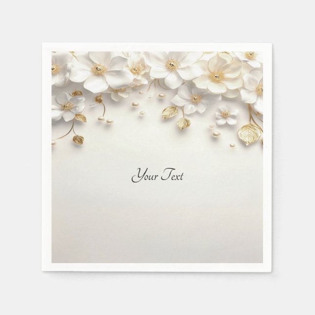 Ivory White Floral Gold Leaves Napkins (Front)