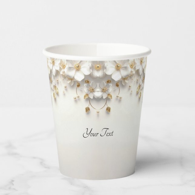 Ivory White Floral Gold Leaves Paper Cups (Left)
