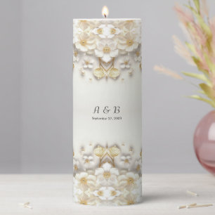 Ivory White Floral Gold Leaves Pillar Candle