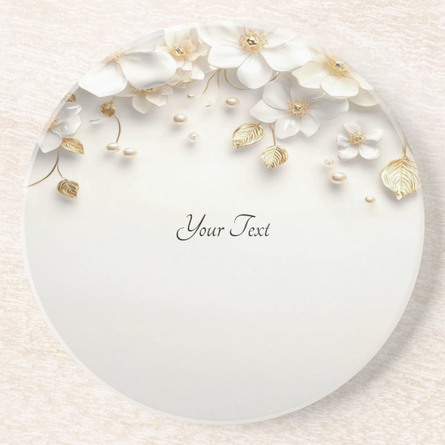 Ivory White Floral Gold Leaves Sandstone Coaster (Front)