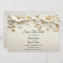 Ivory White Floral Gold Leaves Save The Date