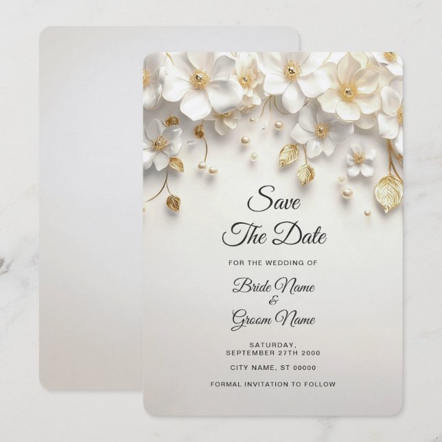 Ivory White Floral Gold Leaves Save the Date (Front/Back)