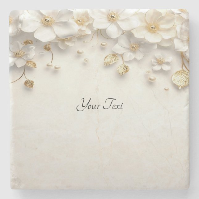 Ivory White Floral Gold Leaves Stone Coaster (Front)