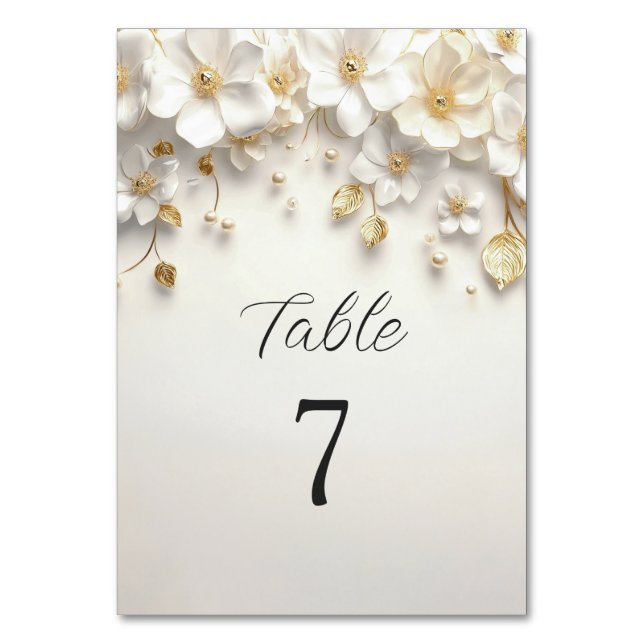 Ivory White Floral Gold Leaves Table Number (Front)