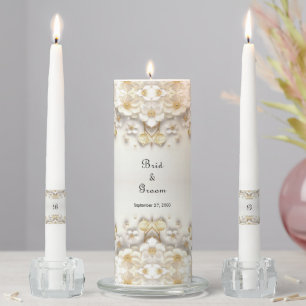 Ivory White Floral Gold Leaves Unity Candle Set