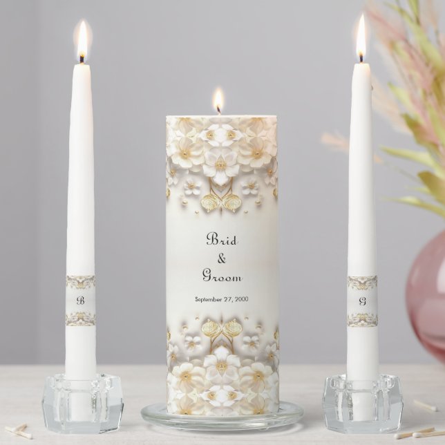 Ivory White Floral Gold Leaves Unity Candle Set (In Situ)