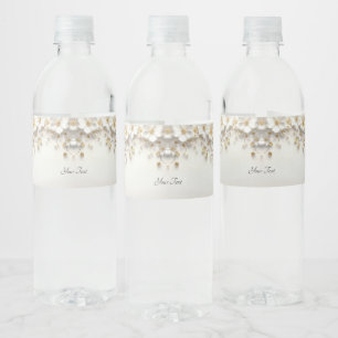 Ivory White Floral Gold Leaves Water Bottle Label