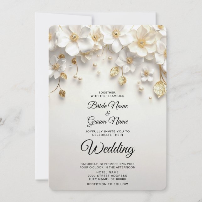 Ivory White Floral Gold Leaves Wedding Invitation (Front)